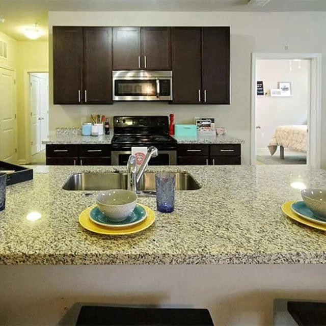 Granite countertop sink cabinets and appliances kitchen at Lark Tuscaloosa in Tuscaloosa Student Accommodation