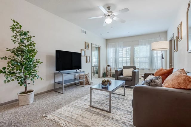 Sofa chairs TV coffee table rug living room at Midtown Corpus Christi in Corpus Christi Student Accommodation