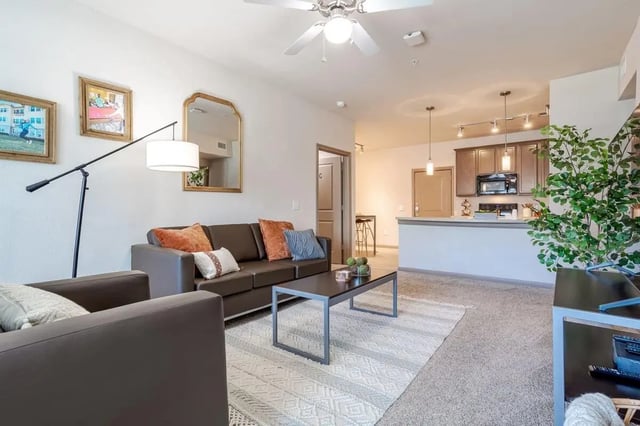 Sofa coffee table rug and kitchen living room at Midtown Corpus Christi in Corpus Christi Student Accommodation