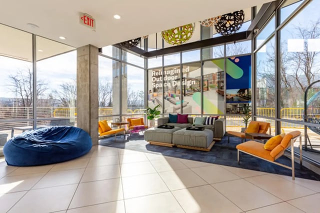 Blue beanbag sofa modern furniture chairs living room at Lark on Main in Charlottesville Student Accommodation