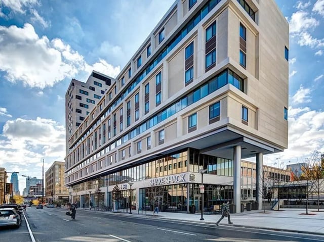 Modern building with many windows exterior at Chestnut Square in Philadelphia Student Accommodation