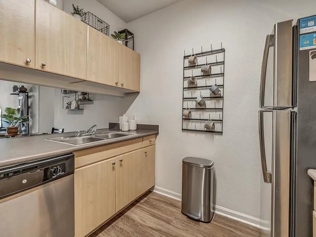 Stainless steel refrigerator dishwasher sink cabinets kitchen at Aggie Station in Bryan Student Accommodation