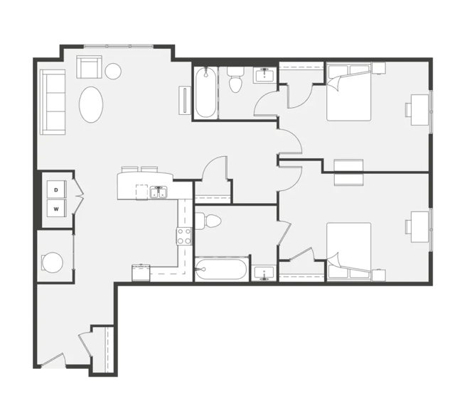 Living area kitchen two bedrooms two bathrooms floor plan at The View on 10th in Waco Student Accommodation