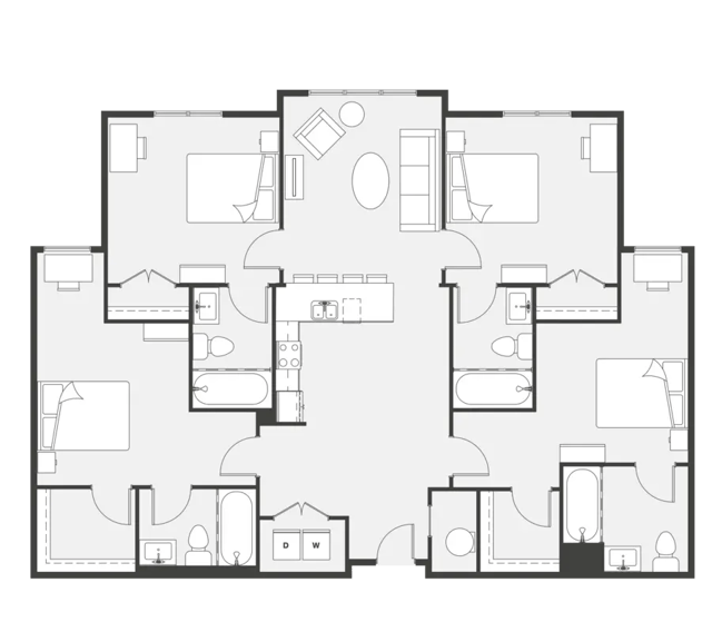 Floor plan four bedrooms two bathrooms kitchen living room exterior at The View on 10th in Waco Student Accommodation