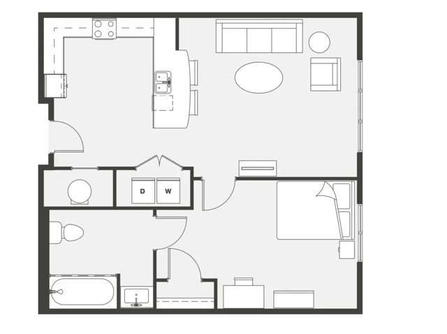 Floor plan with kitchen living room bedroom bathroom living room exterior at The View on 10th in Waco Student Accommodation