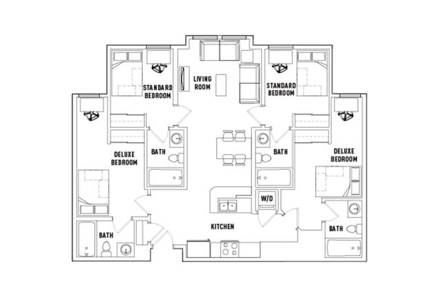 Floor plan with bedrooms living room kitchen baths. at 1200 West Marshall in Richmond Student Accommodation