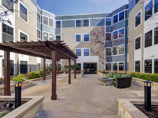 Patio with furniture and fire pit exterior at 1200 West Marshall in Richmond Student Accommodation
