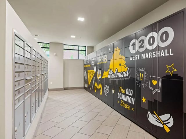 Mailboxes and decorative lockers hallway interior at 1200 West Marshall in Richmond Student Accommodation