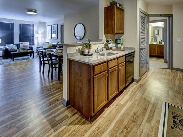 Kitchen with sink cabinetry and dishwasher and living area at 1200 West Marshall in Richmond Student Accommodation