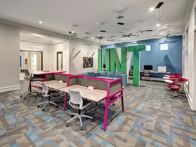 Student accommodation desks sofa and chairs study area at City Parc at Fry Street in Denton Student Accommodation