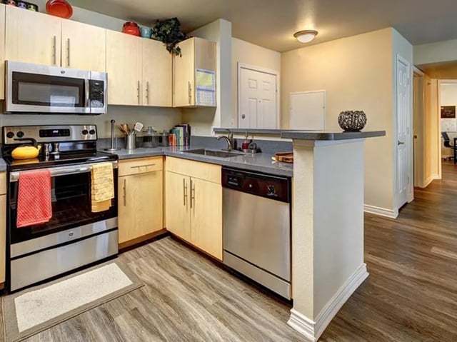 Modern kitchen with stainless steel appliances and cabinets kitchen at City Parc at Fry Street in Denton Student Accommodation