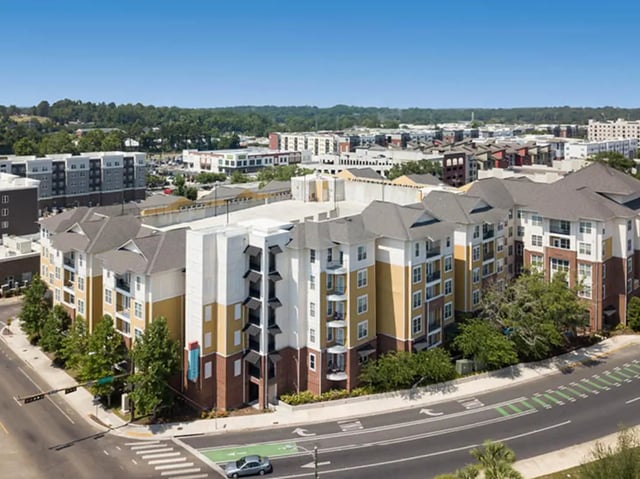 Apartment buildings with balconies and parking garage exterior at 601 Copeland in Tallahassee Student Accommodation