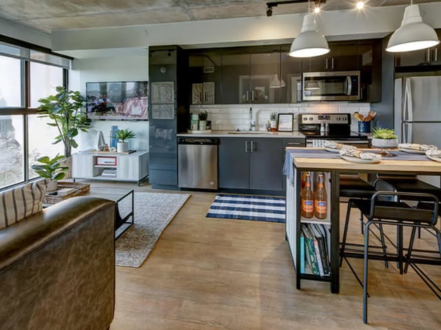 Sofa TV plants kitchen island dining table kitchen at Campus Edge Ann Arbor in Ann Arbor Student Accommodation