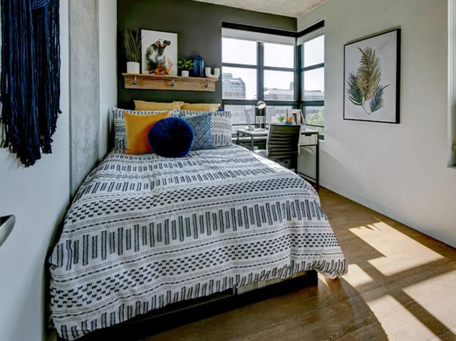 Bed with patterned duvet desk chair and artwork Bedroom at Campus Edge Ann Arbor in Ann Arbor Student Accommodation