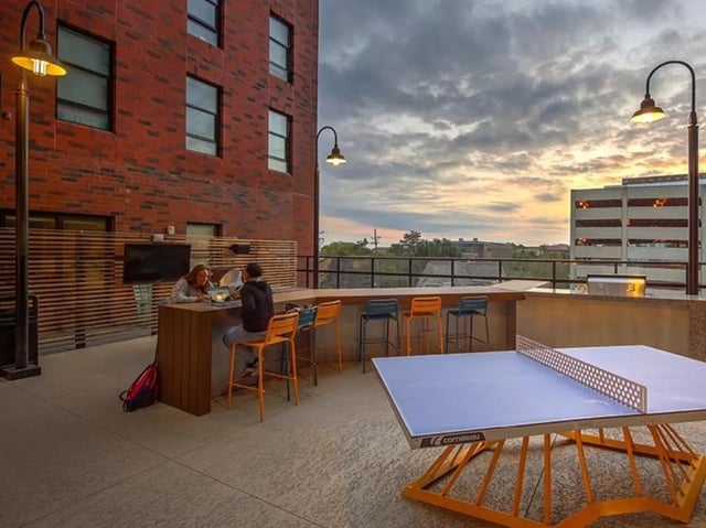 Ping pong table students at bar exterior at Campus Edge on Pierce in West Lafayette Student Accommodation