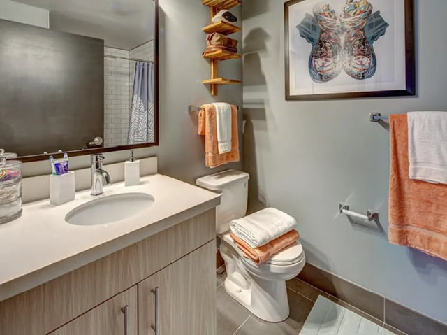 Sink toilet towels toiletries and artwork bathroom at Campus Edge on Pierce in West Lafayette Student Accommodation