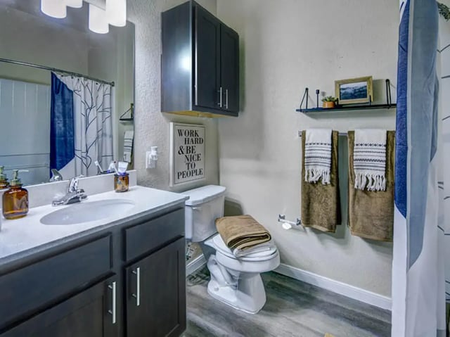 Sink vanity toilet shower curtain towels bathroom at Campus Edge on UTA Boulevard in Arlington Student Accommodation