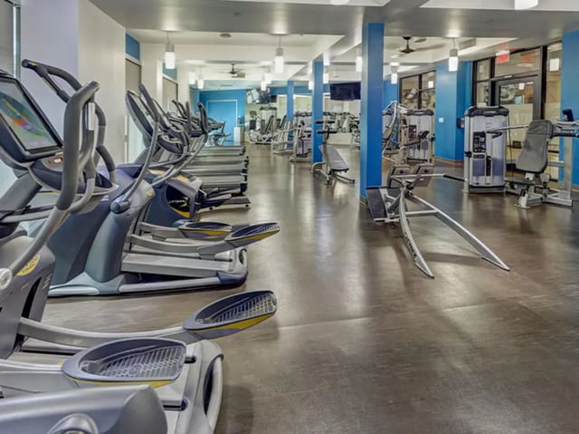 Ellipticals treadmills weight machines gym interior at Currie Hall in Los Angeles Student Accommodation
