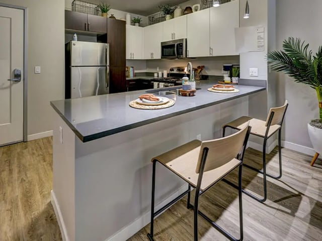 Modern kitchen with island seating and appliances kitchen at Currie Hall in Los Angeles Student Accommodation