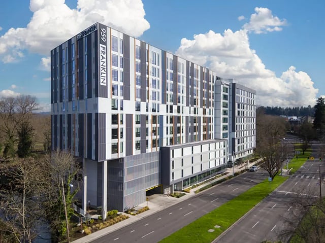 Modern building with many windows exterior at 959 Franklin in Eugene Student Accommodation