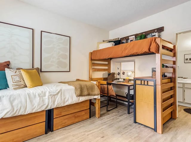Bunk bed desk with drawers framed art bedroom at GrandMarc Seven Corners in Minneapolis Student Accommodation