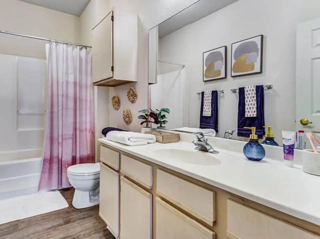 Toilet shower tub vanity with sink bathroom at GrandMarc Seven Corners in Minneapolis Student Accommodation