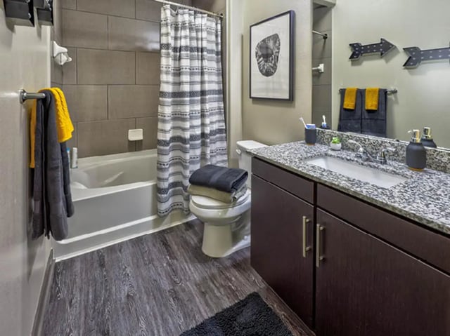 Bathtub toilet sink vanity countertop towels Bathroom at The Arlie in Arlington Student Accommodation
