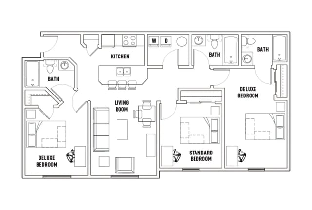 Floor plan with three bedrooms kitchen living room bathroom floor plan at Newtown Crossing in Lexington Student Accommodation