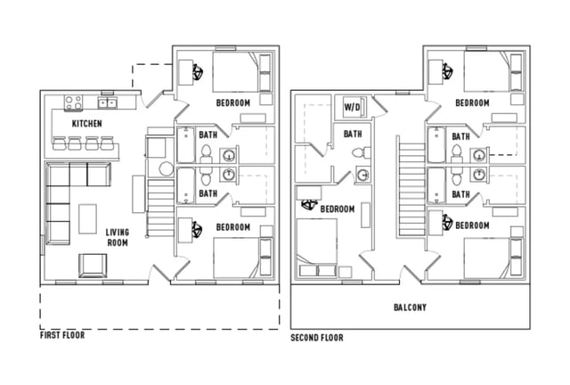 Kitchen living room bedrooms bathrooms floor plan at The Cottages of Durham in Durham Student Accommodation