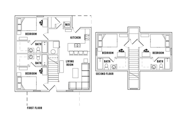 First floor layout with bedrooms baths kitchen floor plan at The Cottages of Durham in Durham Student Accommodation