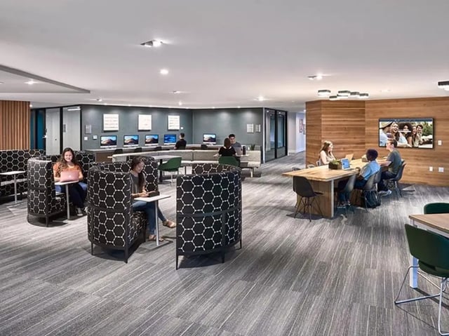 Study pods and computer stations common area at Plaza Verde in Irvine Student Accommodation