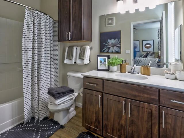 Toilet sink dark vanity with towels shower curtain bathroom at The Townhomes at Newtown Crossing in Lexington Student Accommodation