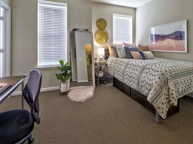 Bed desk mirror plant and decor bedroom at The Townhomes at Newtown Crossing in Lexington Student Accommodation