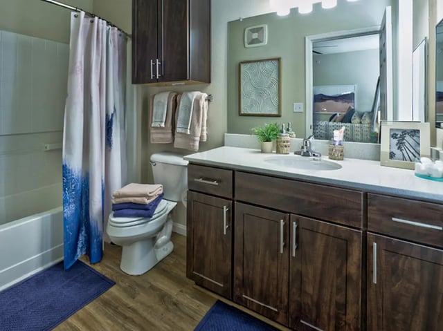 Toilet towels shower curtain vanity mirror bathroom at The Townhomes at Newtown Crossing in Lexington Student Accommodation