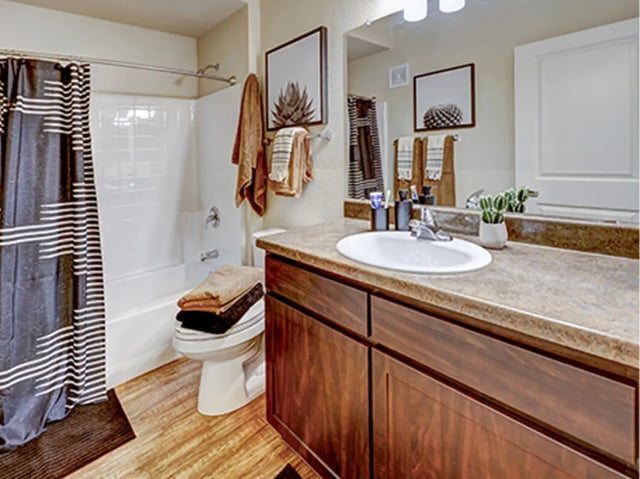 Toilet bathtub sink and vanity Bathroom at Hilltop Townhomes in Flagstaff Student Accommodation