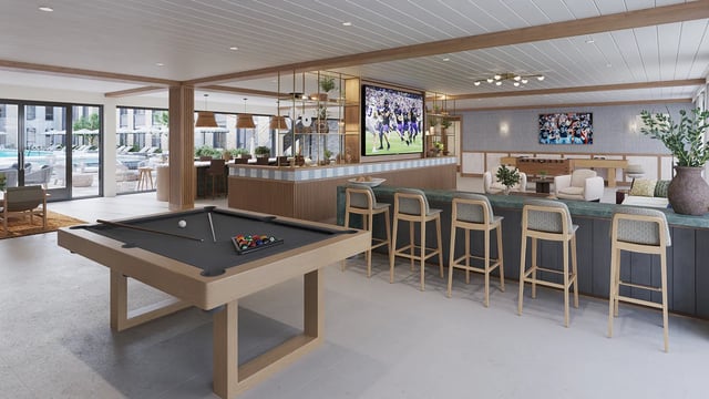 Pool table bar seating and televisions common area at Morado on Berry in Fort Worth Student Accommodation