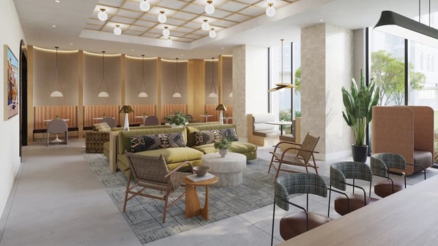 Sofa chairs tables and booths common area at Morado on Berry in Fort Worth Student Accommodation