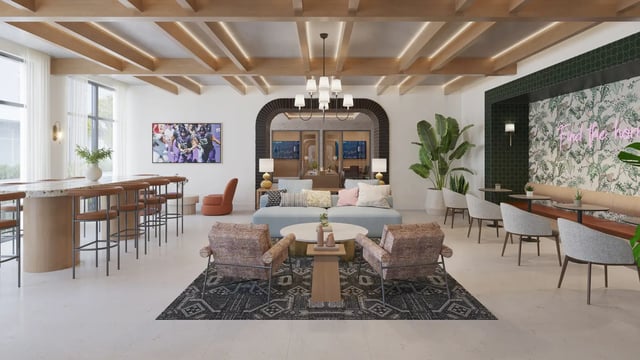 Comfortable lounge with seating and bar area communal area at Morado on Berry in Fort Worth Student Accommodation
