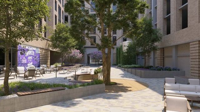 Outdoor seating and tables surrounded by greenery exterior at Morado on Berry in Fort Worth Student Accommodation