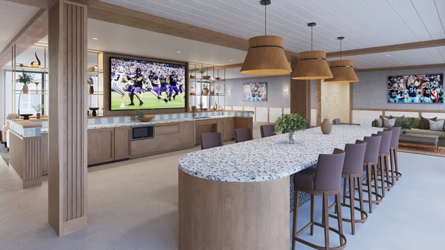 Large TV island with bar stools and couches lounge area at Morado on Berry in Fort Worth Student Accommodation