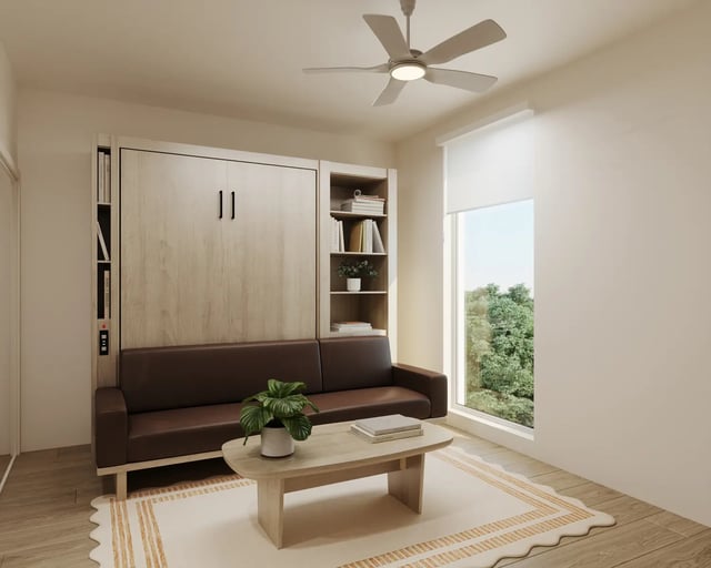 Sofa with wall bed bookshelf coffee table living room at Morado on Berry in Fort Worth Student Accommodation