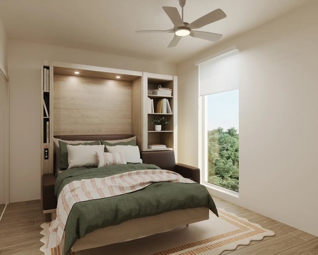 Bed with built in shelves ceiling fan bedroom at Morado on Berry in Fort Worth Student Accommodation