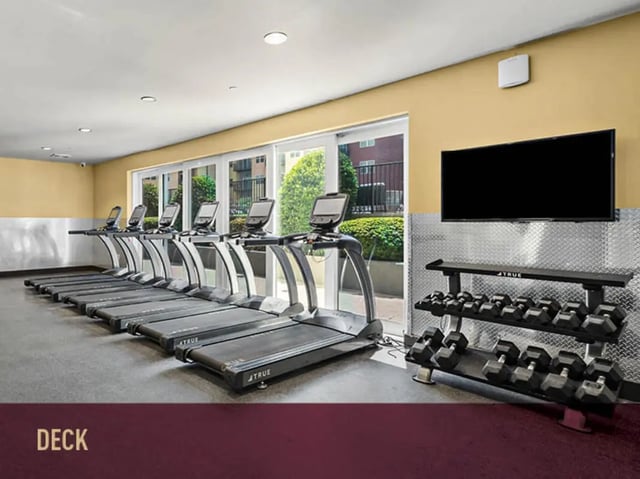 Treadmills dumbbell rack television playing area at Stadium Centre - The Axis in Tallahassee Student Accommodation