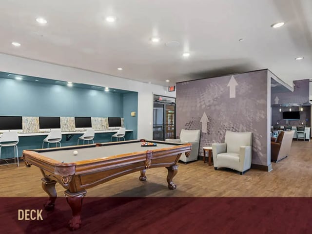 Pool table computers chairs lounge area game room at Stadium Centre - The Axis in Tallahassee Student Accommodation
