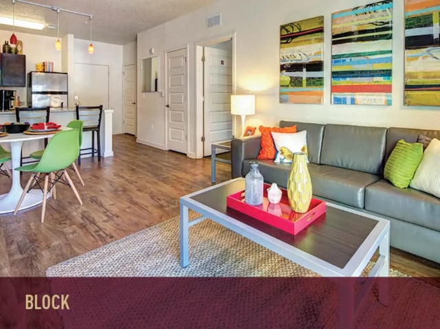 Modern living room with grey sofa and colorful art living room at Stadium Centre - The Block in Tallahassee Student Accommodation