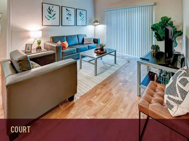 Gray couches coffee table rug and artwork living room at Stadium Centre - The Edge in Tallahassee Student Accommodation