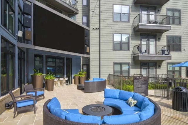 Outdoor seating area with lounge furniture and fire pit patio at 114 Earle in Clemson Student Accommodation