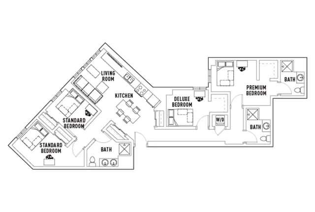 Floor plan with bedrooms kitchen living room bathrooms floor plan at The Jack in Flagstaff Student Accommodation