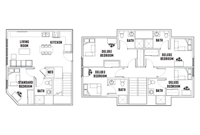Floor plan with kitchen living room bedrooms bathrooms floor plan at The Jack in Flagstaff Student Accommodation