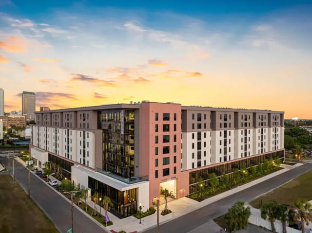 Modern building with balconies and large windows exterior at Apella on Newport in Tampa Student Accommodation